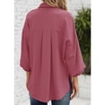 thumbnail image 4 of Blusa de tres cuartos con botones y cuello en V y mangas abullonadas para mujer, color rojo violeta, talla L, 4 of 6