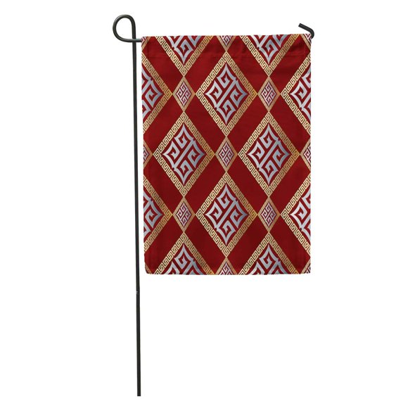 JSDART Modern Geometric Greek Key Abstract Red Gold Silver 3D Geometrical Garden Flag Decorative Flag House Banner 28x40 inch