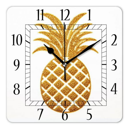 10 Inch Wall Clock Battery Operated Silent Clock Decorative for Office, Kitchen, Outdoor, Living Room，Gold Pineapple Fruit White Summer Creative Pattern