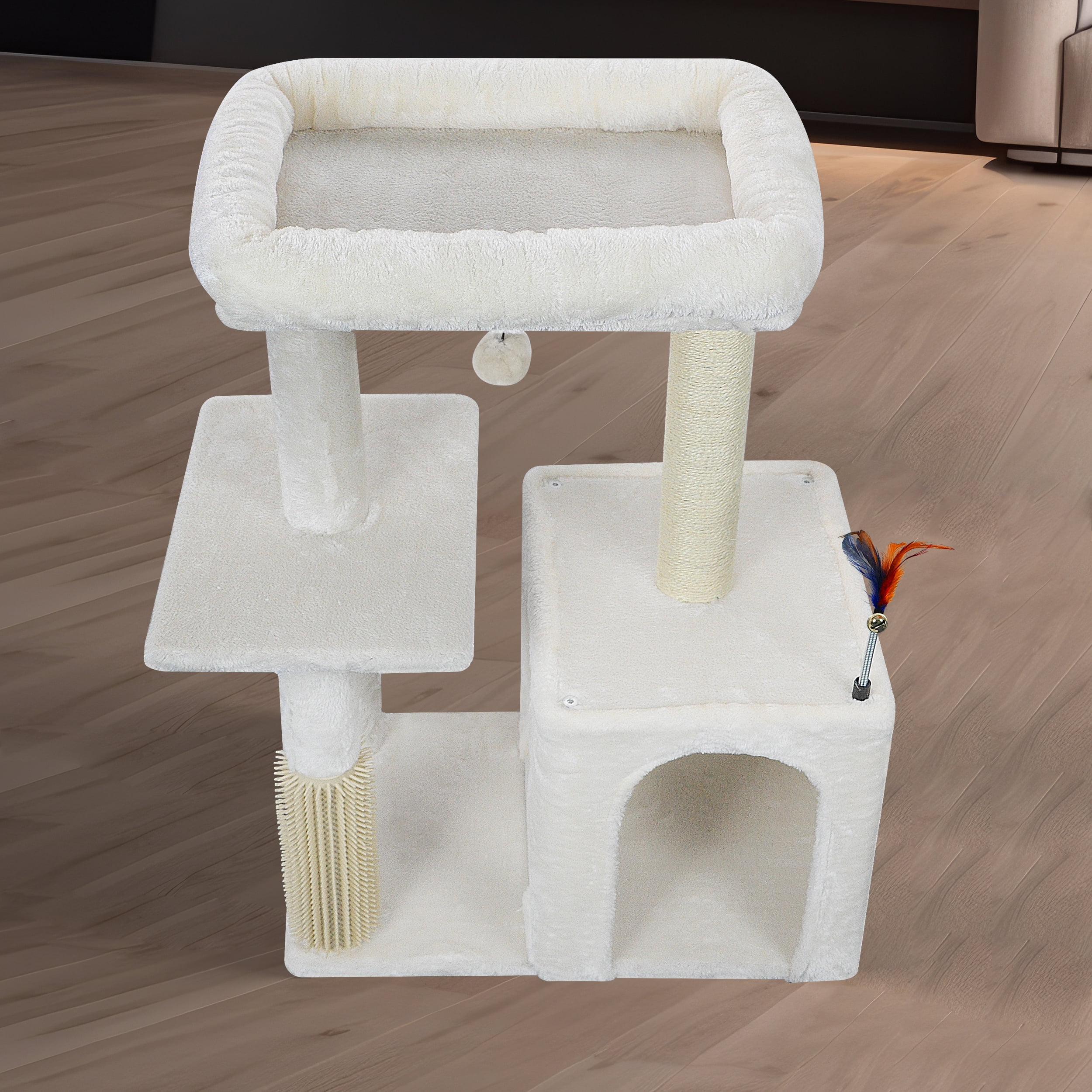AIWIKIDE 31.50" Cat Tree for Indoor Cats with Cat Condo and Scratching Post,Cute Cat Tower with Self-Grooming Brush and Toy Balls,Beige