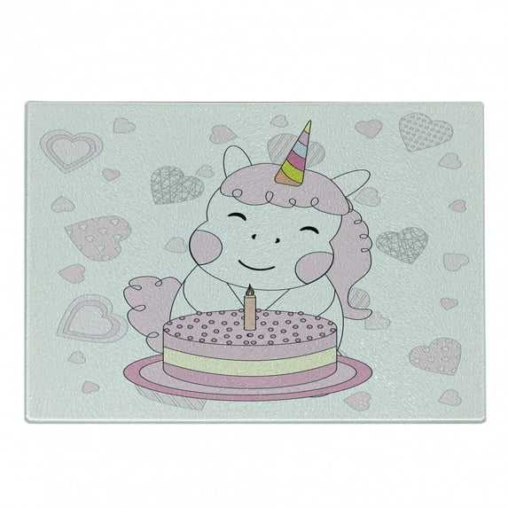 Unicorn Party Cutting Board, Happy Birthday Themed Horse with Horn Blowing a Cake on Hearts, Decorative Tempered Glass Cutting and Serving Board, Small Size, Pale Pink and White, by Ambesonne