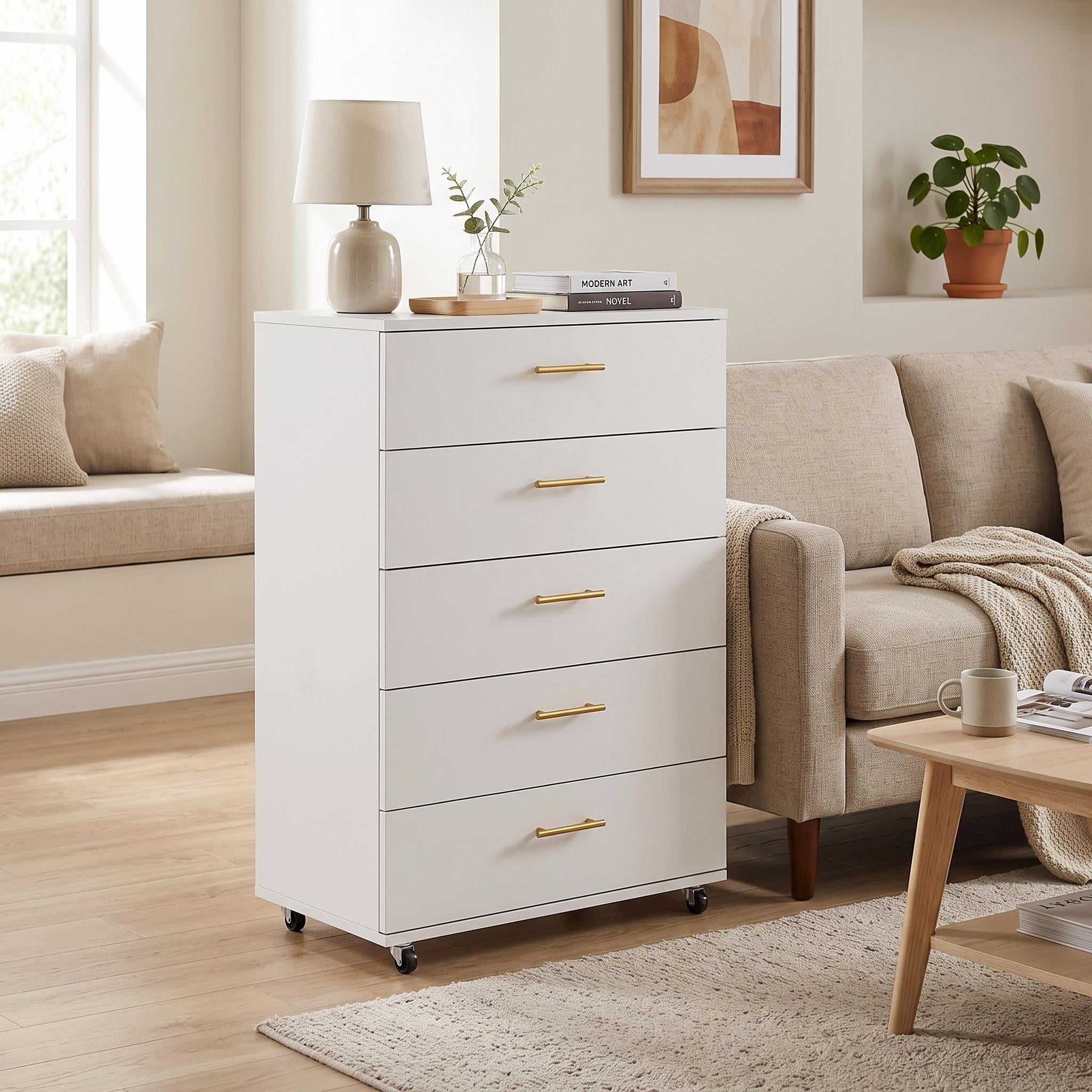 Homy Casa White 5 Drawer Dresser with Gold Handles for Bedroom Nursery