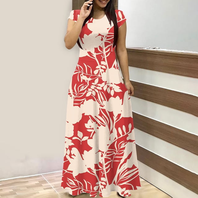 Robe d'Été pour Femmes 2024 Mode Grande Taille Col Rond Manches Courtes Imprimé Quotidien Décontracté Vintage Bohème Maxi Robe 50 % de Réduction Liquidation!