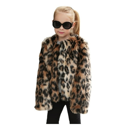 

BIZIZA Toddler Jacket for Baby Long Sleeve Leopard Faux Fur Open Front Crew Neck Thicken 1-7Y Chlid Tops Brown XXXL