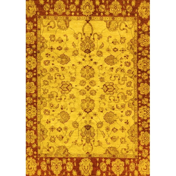 Ahgly Company Machine Washable Indoor Rectangle Oriental Yellow Traditional Area Rugs, 7' x 9'