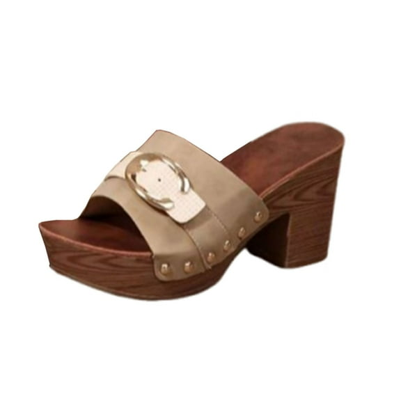 Hopeusnice High Heels Shoes for Women PU Materials Summer Shoes Breathable Soft Trendy Open Toe Sandals Non-Slip Block High Heel Women's High Heels Shoes Comfortable Elegant Shoes Beige 42