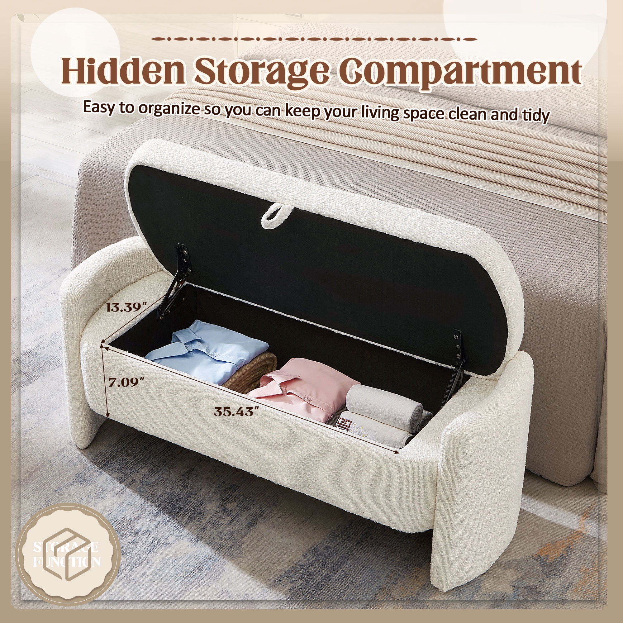 Lunale 41.73" End of Bed Storage Bench, Teddy Upholstered Storage Ottoman Benches for Bedroom, Beige