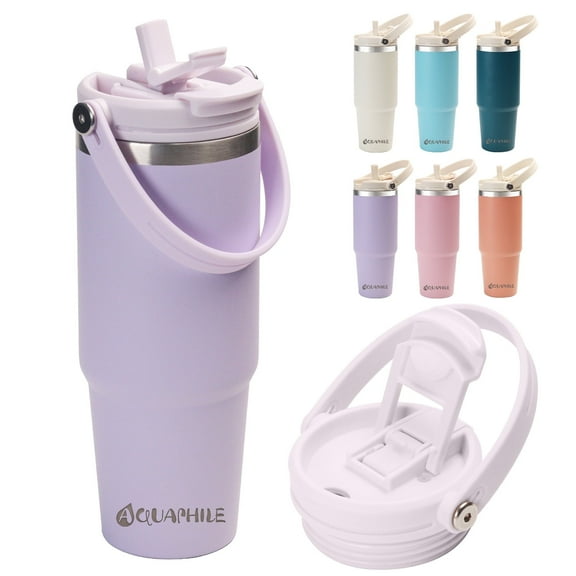AQUAPHILE 30 oz Insulated Water Bottles with Straw Lid, Double Walled Vacuum Stainless Steel Travel Tumbler with Handle and Straw, Wide Mouth Thermos Bottle, All Lavender