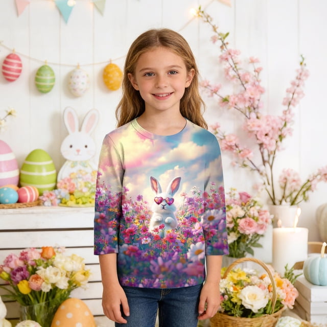 Uootdi Col Ras du Cou Panier de Pâques Oeufs T-Shirts à Manches 3/4 Imprimé Marguerites de Pâques Tenue Décontractée Quotidienne ( Pas pour Adulte) Cadeau