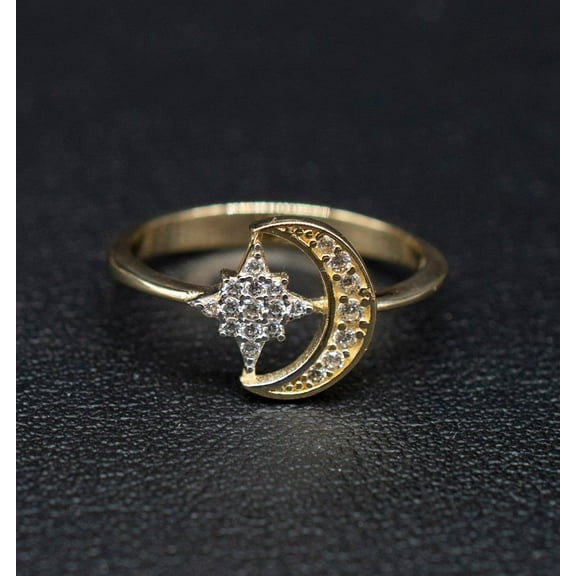 14k Real Solid Yellow Gold Moon and Star Ring, 14k Solid Gold Women Dainty Ring, Crescent Gemstone Gold Ring for Women, Gift,Moon Gold Ring (Ring size:6 1/2;)