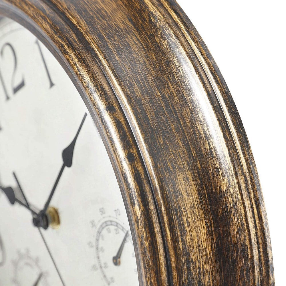 12inch Wall Clock,Retro Waterproof Clock with Displays Thermometer&Hygrometer,Noise-Free Clock for Indoor/Outdoor