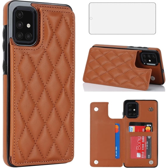 Phone Case for Samsung Galaxy A71 5G Wallet Cover with Tempered Glass Screen Protector and Leather RFID Credit Card Holder Stand Slot Rugged Cell Accessories A 71 G5 71A S71 Women Men Brown