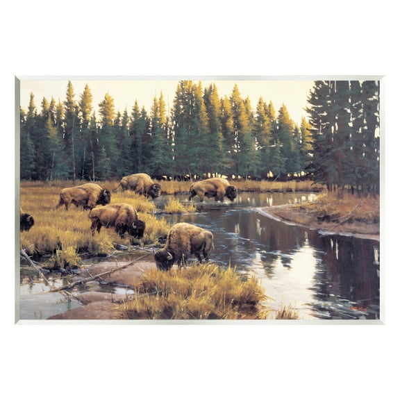 Stupell Industries Bison Grazing Along Stream Animals & Insects Painting Unframed Art Print Wall Art