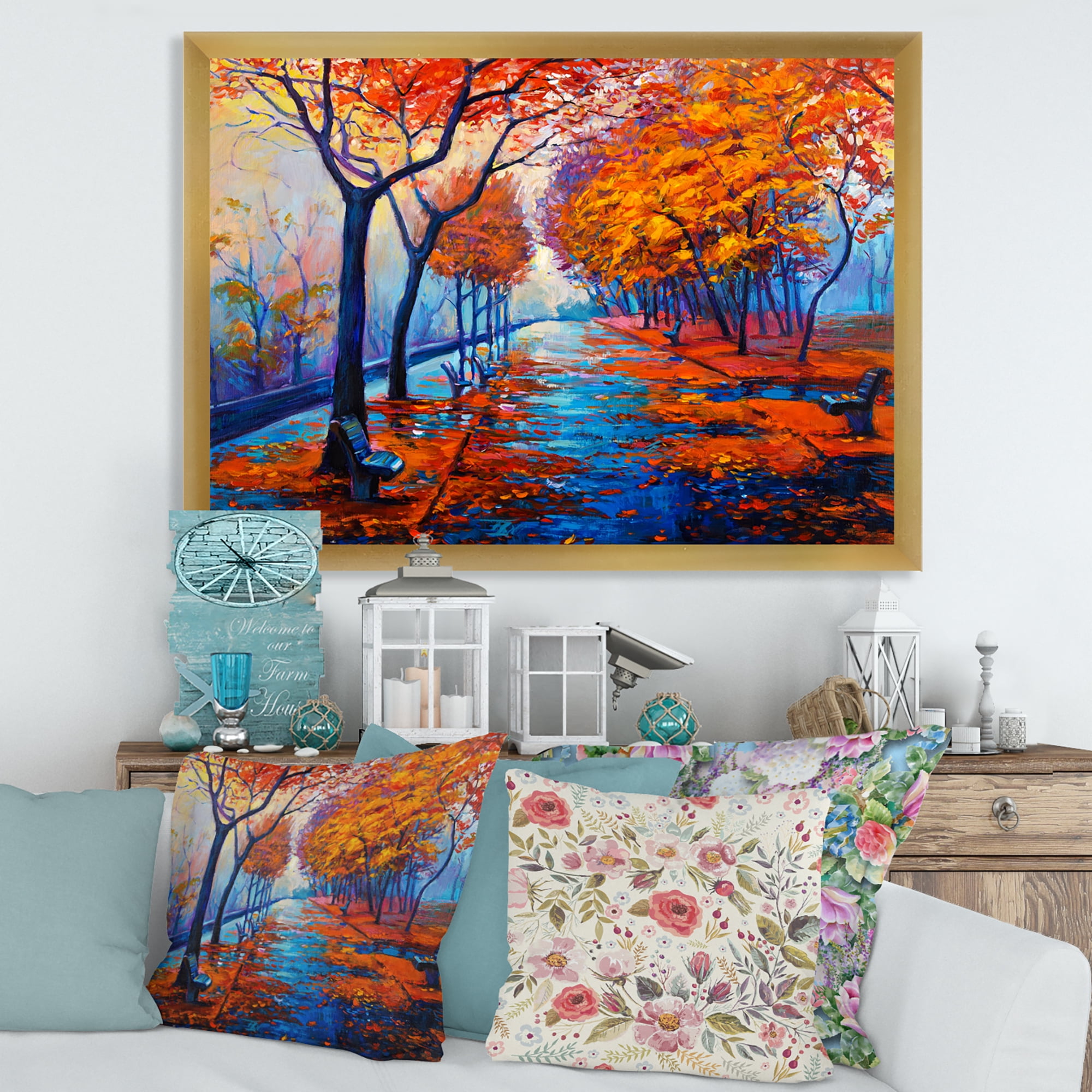 Designart 'Orange Autumn Landscape With Little Road III' Traditional Framed Art Print