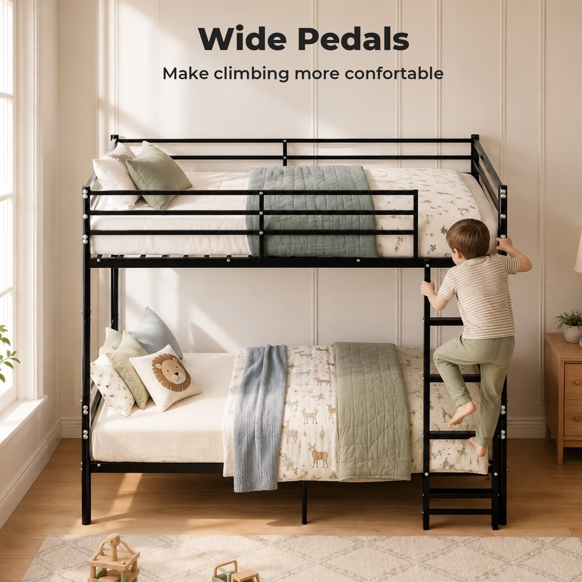 Alvantor Bunk Bed Twin over Twin, Metal Bunk Bed for Kids with Stairs and Guardrail, Converted Into 2 Twin Bed Black