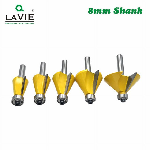 Juego de 5 brocas para fresadora de chaflán de 8 mm, 11,25, 15, 22,5, 30 y 45 grados, para herramientas de carpintería de madera