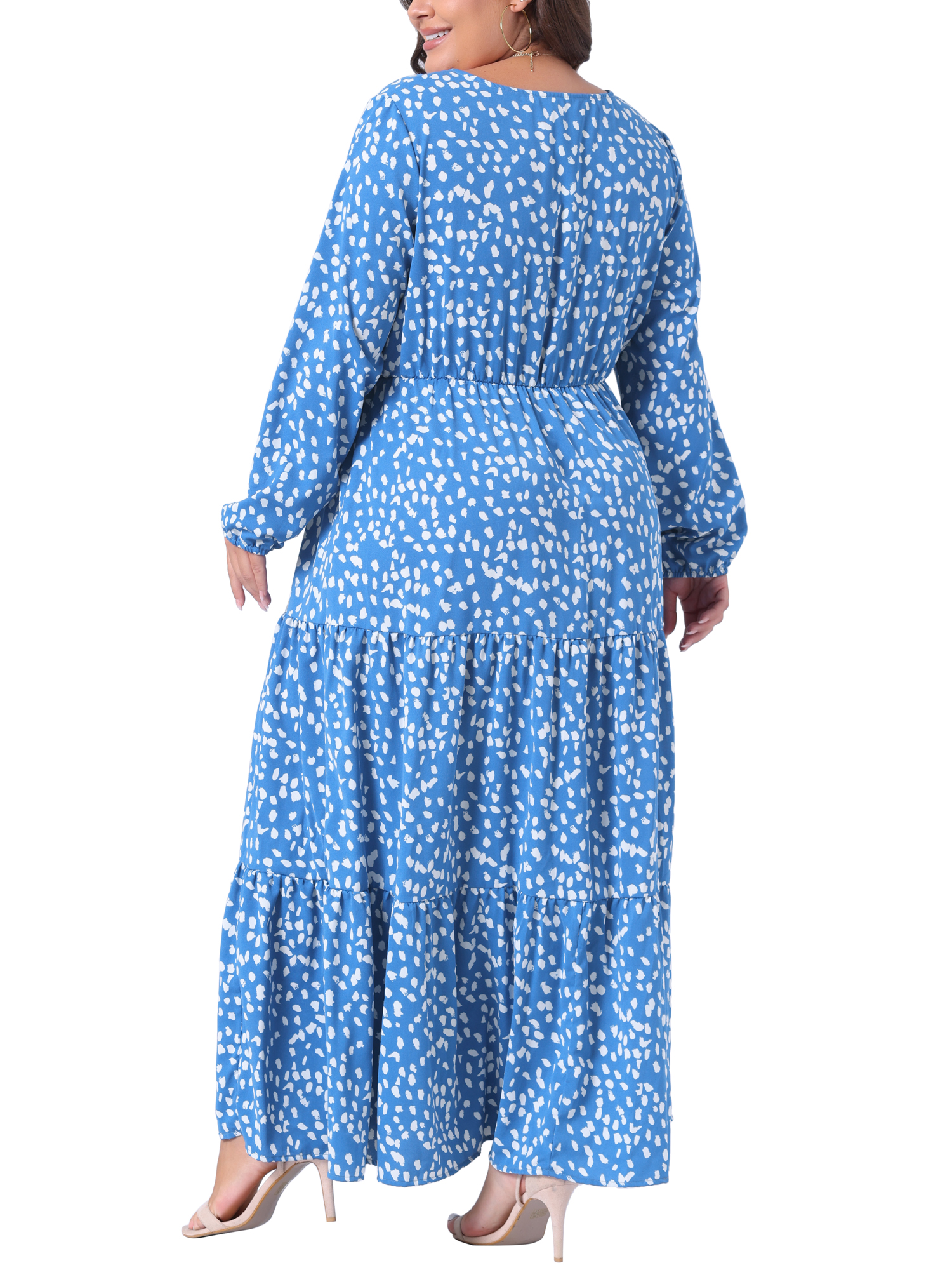 DARING DIVA Plus Size Polka Dots Long Maxi Lantern Sleeve Dress 1X Blue