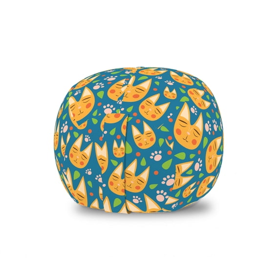 Animal Storage Toy Bag Chair, Cat Faces Leaf Shaped Motifs Paw Footprints and Dots Art Illustration, Stuffed Animal Organizer Washable Bag, Large Size, Dark Turquoise Multicolor, by Ambesonne