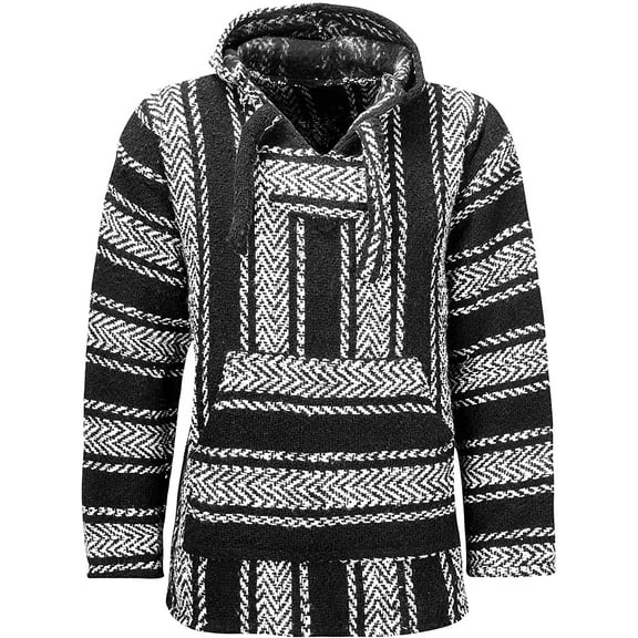 Mexican Baja Hoodie Sweater Jerga Pullover Black White Medium
