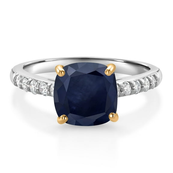 Gem Stone King 925 Sterling Silver and 10K Yellow Gold Blue Sapphire and White Lab Grown Diamond Engagement Ring for Women (3.02 Cttw, Cushion 8MM, Gemstone September Birthstone, Size 6)