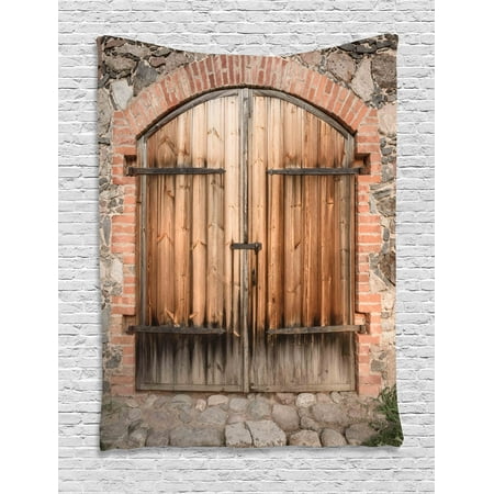 Wrought Iron Wall Hanging - Rustic Tapestry, Wooden Door of a Stone House with Wrought Iron Elements Tuscany Architecture Photo, Wall Hanging for Bedroom Living Room Dorm Decor, 40W X 60L Inches, Brown Grey, by Ambesonne