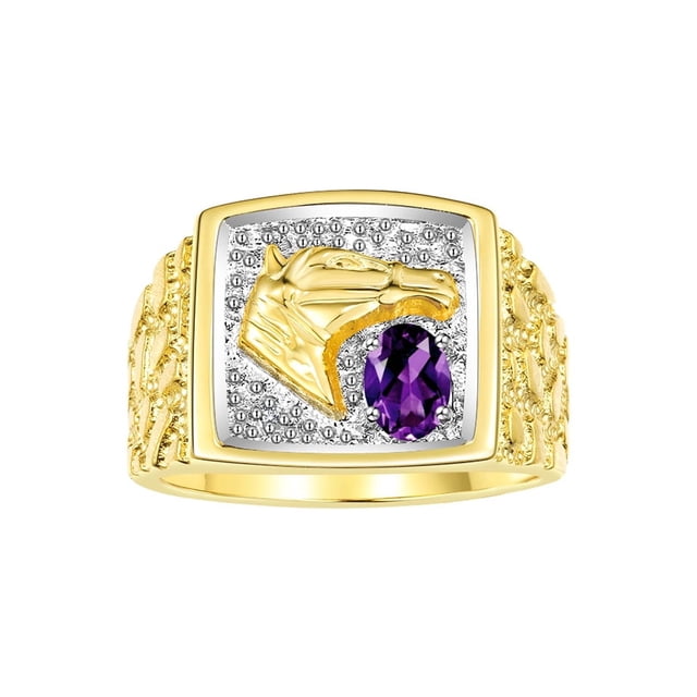 RYLOS Men's Rings 14K Yellow Gold Rings Lucky Nugget Horse Head 6X4MM Oval Gemstone & Diamond Ring Amethyst February Birthstone Rings For Men Size 10