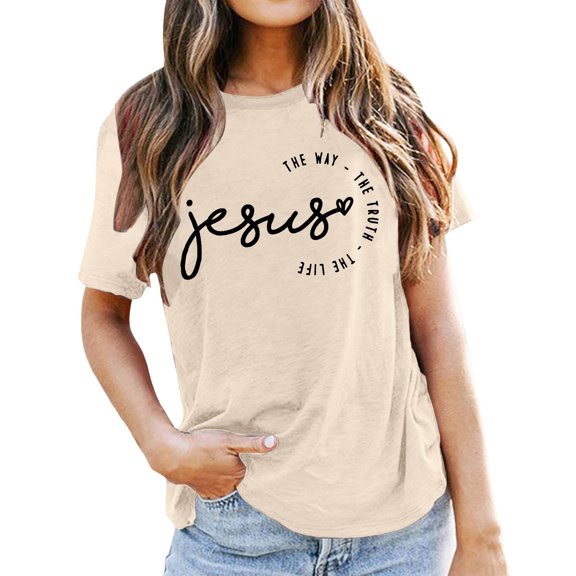 Short Sleeve T Shirts for Women Summer Crewneck 2026 Casual Blouses Jesus Print Basic Vacation Tops