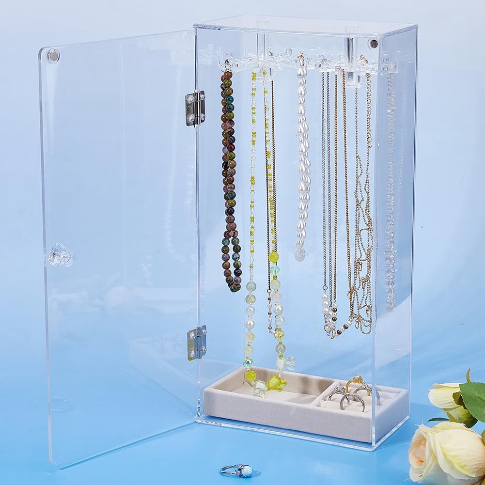 Rotatable Necklace Holder Organizer Acrylic Jewelry Organizer with 24 Hooks Clear Dust-proof Jewelry Storage Case with Velvet Tray for Long Necklaces Pendant Bracelets