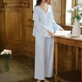 thumbnail image 3 of SWSMCLT Women's Cotton Pajama Set Lounge Set Soft Button Up Sleepwear V Neck Princess Frill Ruffle Pj Set Long Sleeve Pants Light Blue Medium, 3 of 4