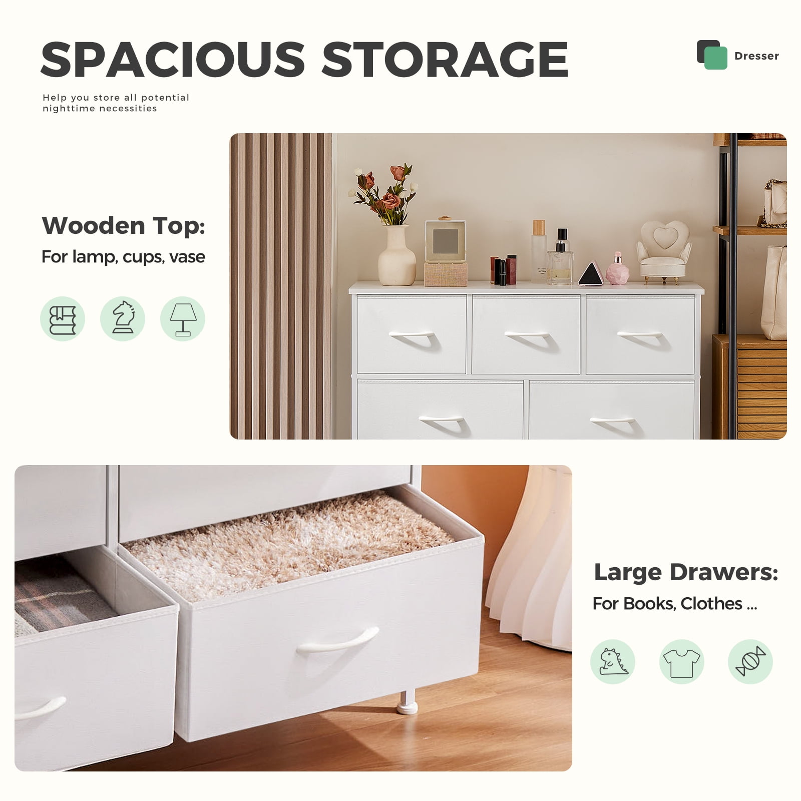Aukfa 7 Drawer Dresser,Tall Fabric Dresser & Chest of Drawers for Bedroom,Metal Frame,White