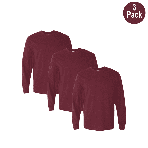 Gildan Men Heavy Cotton Crew Neck T-Shirt, Long Sleeve Classic Fit Durable Tee, Maroon, S, 3 Pack