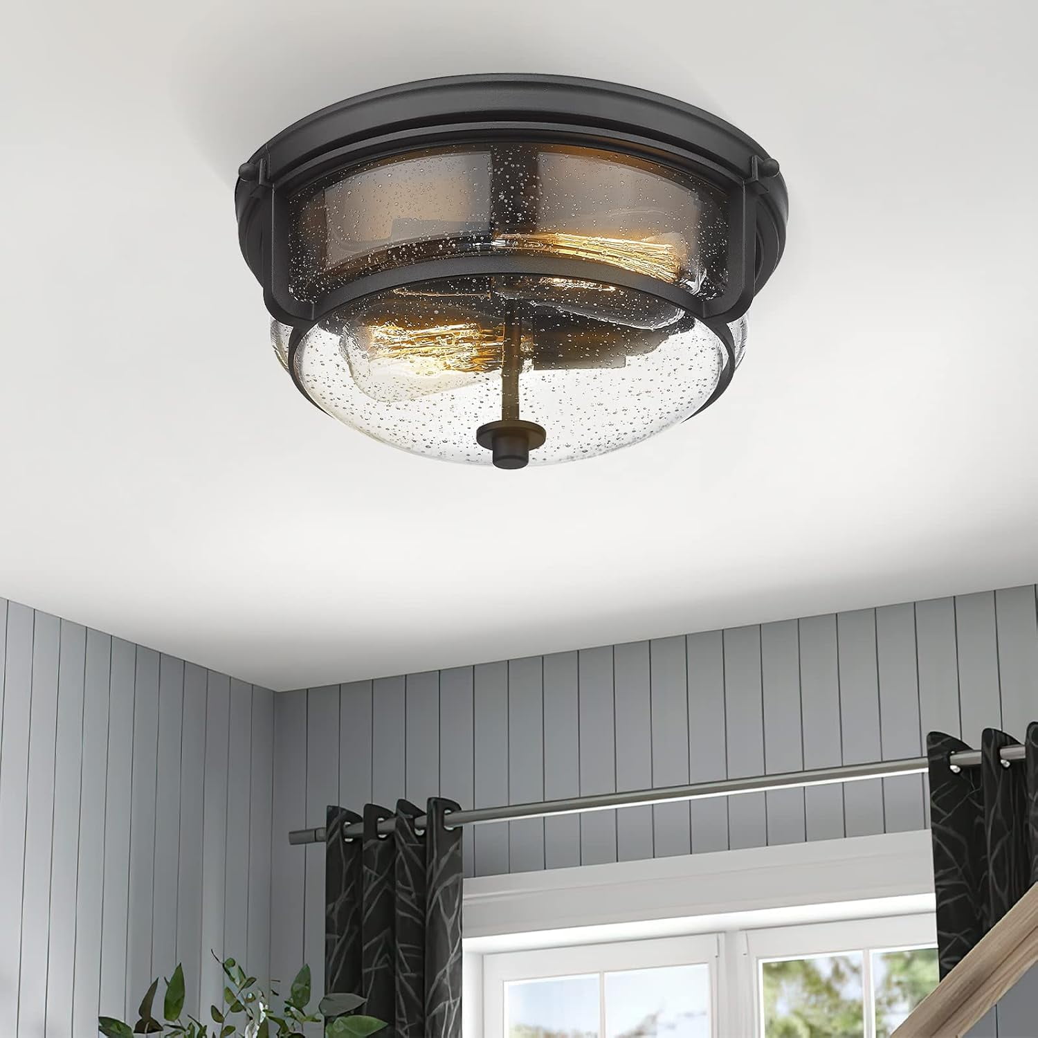 Emliviar Modern 12" Ceiling Light, Flush Mount Ceiling Light Fixture with Seeded Glass Shade, Black Finish, WE249F BK