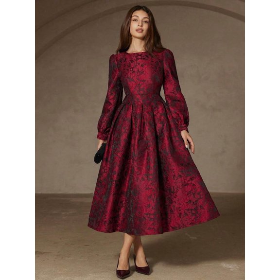Multicolor Jacquard Round Neck Long Sleeve Waist-Gathered A-Line Midi Dress For Women