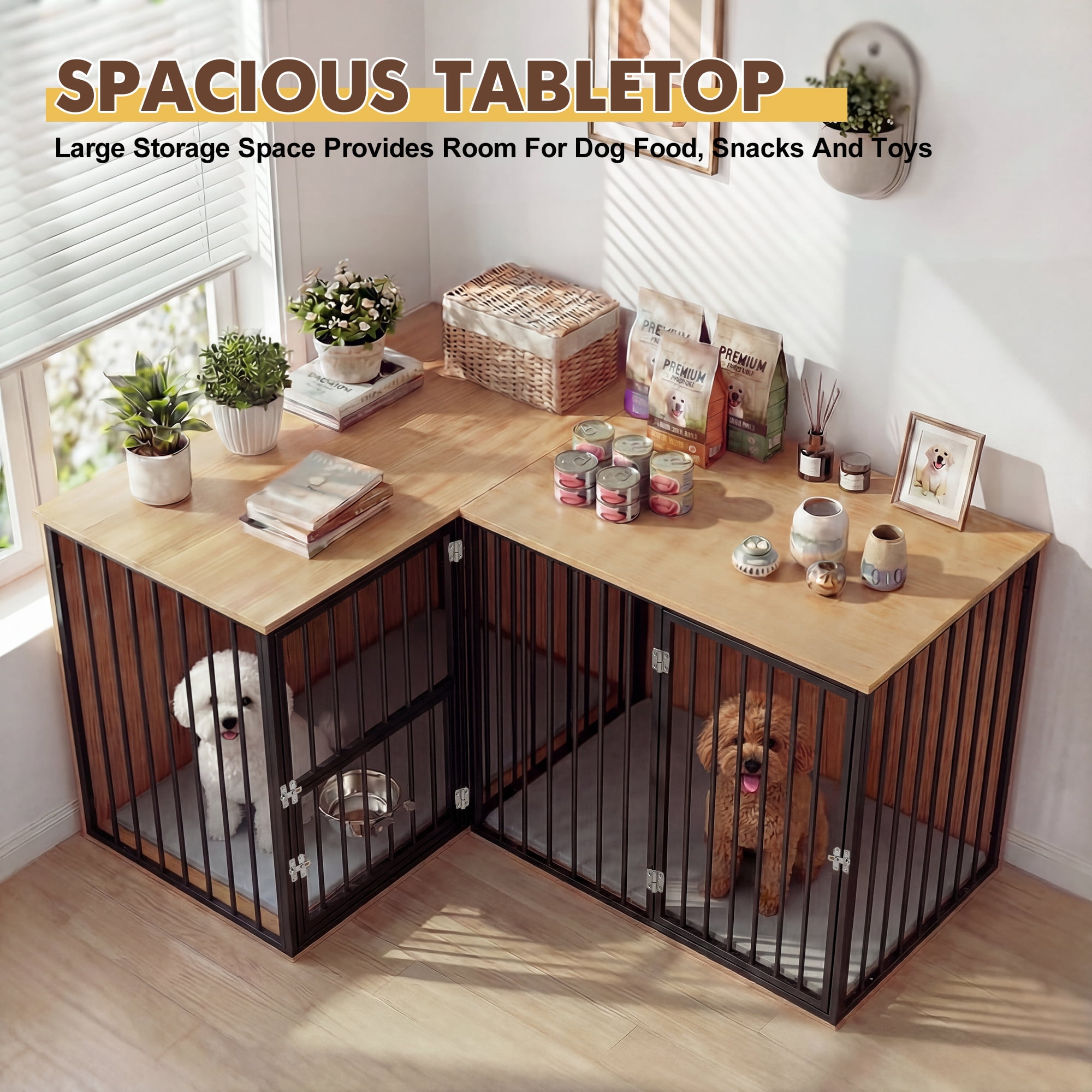 TPHORK Dog Crate Furniture for 2 Dogs, Corner Heavy Duty Double Dog Kennel Furniture with Divider, Indoor Wooden Dogs Crate Large Breed, Black