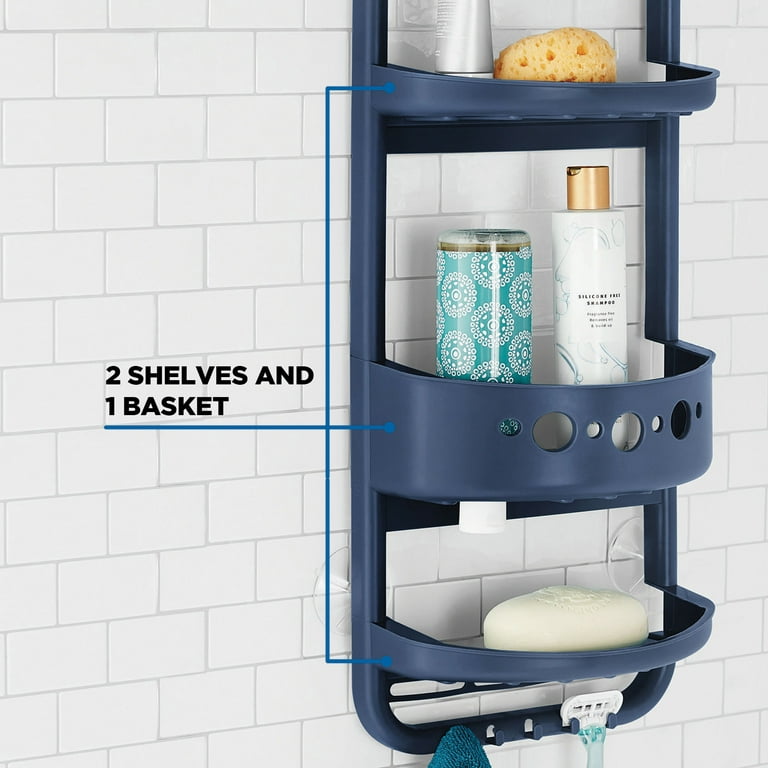 Mainstays Large Over The Shower Caddy, 2 Shelves, 1 Deep Basket, Heavy Duty Plastic, Frosty Finish, Size: Large, Family-Sized