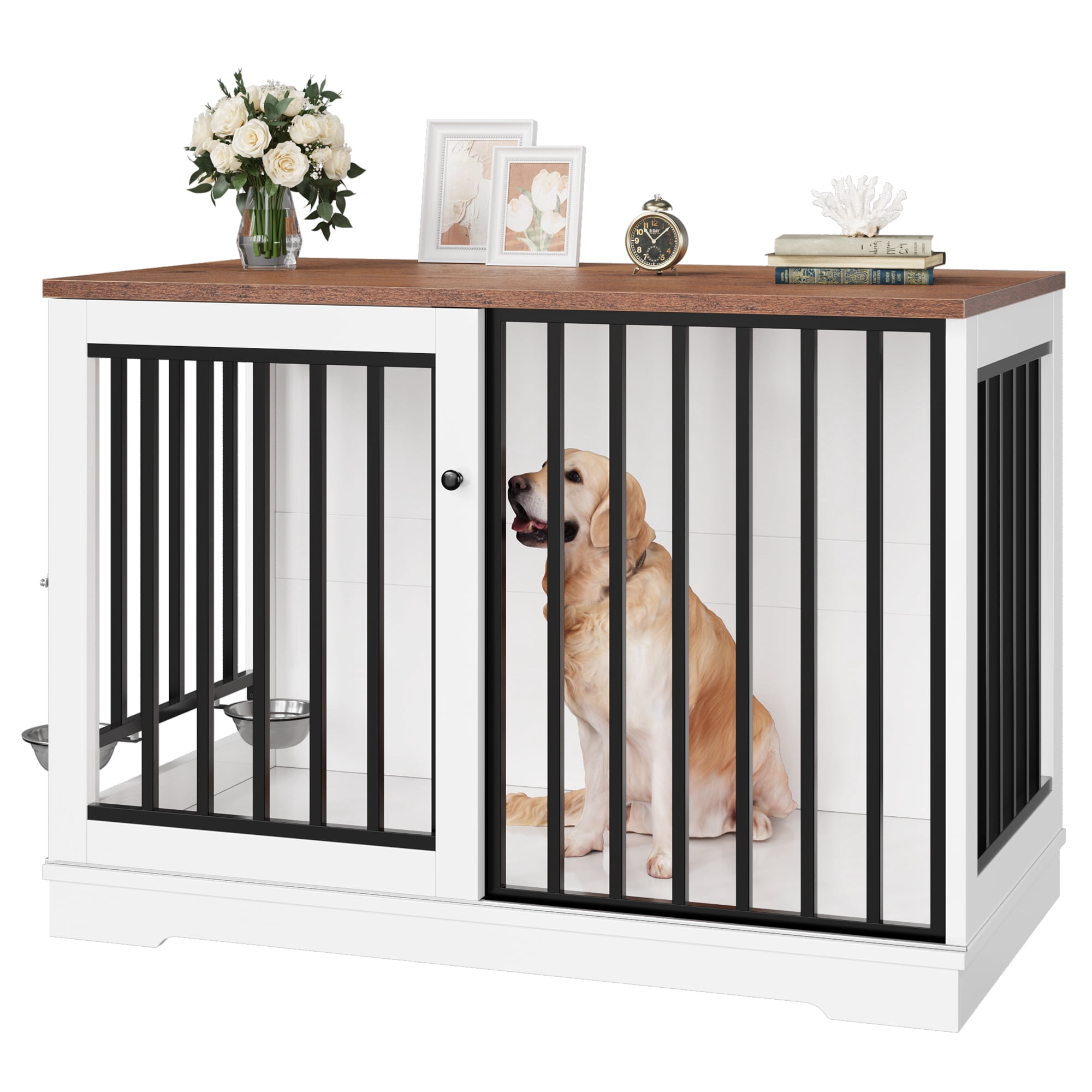 Homfa Dog Crate Furniture, 47.2''W Wooden Indoor Dog Cage Table with Sliding & Lockable Doors, White