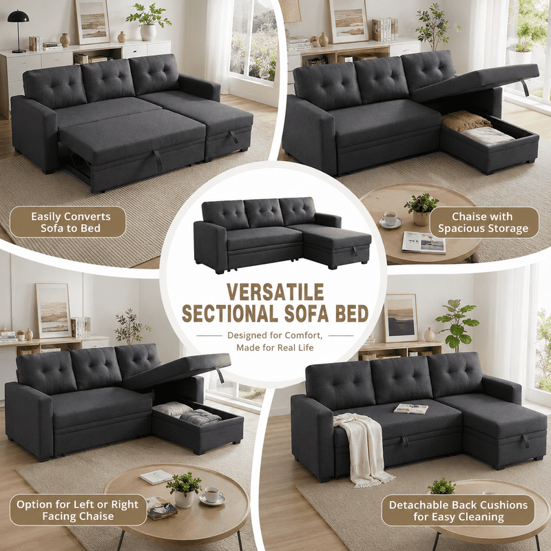 82" L-Shaped Convertible Sleeper Sectional Sofa with Pull-Out Bed, Storage Chaise, Removable Back Cushions, Modular Corner Couch for Living Room, Apartment, Home Office