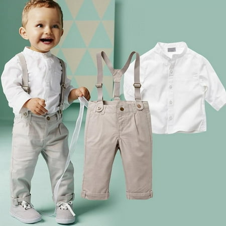 

Synpos 2-6Y Baby Boy Toddler White T-shirt Top Shirt +Bib Pants 2PCS Set Overall Outfit Clothes for Party Take Photo (As shown)
