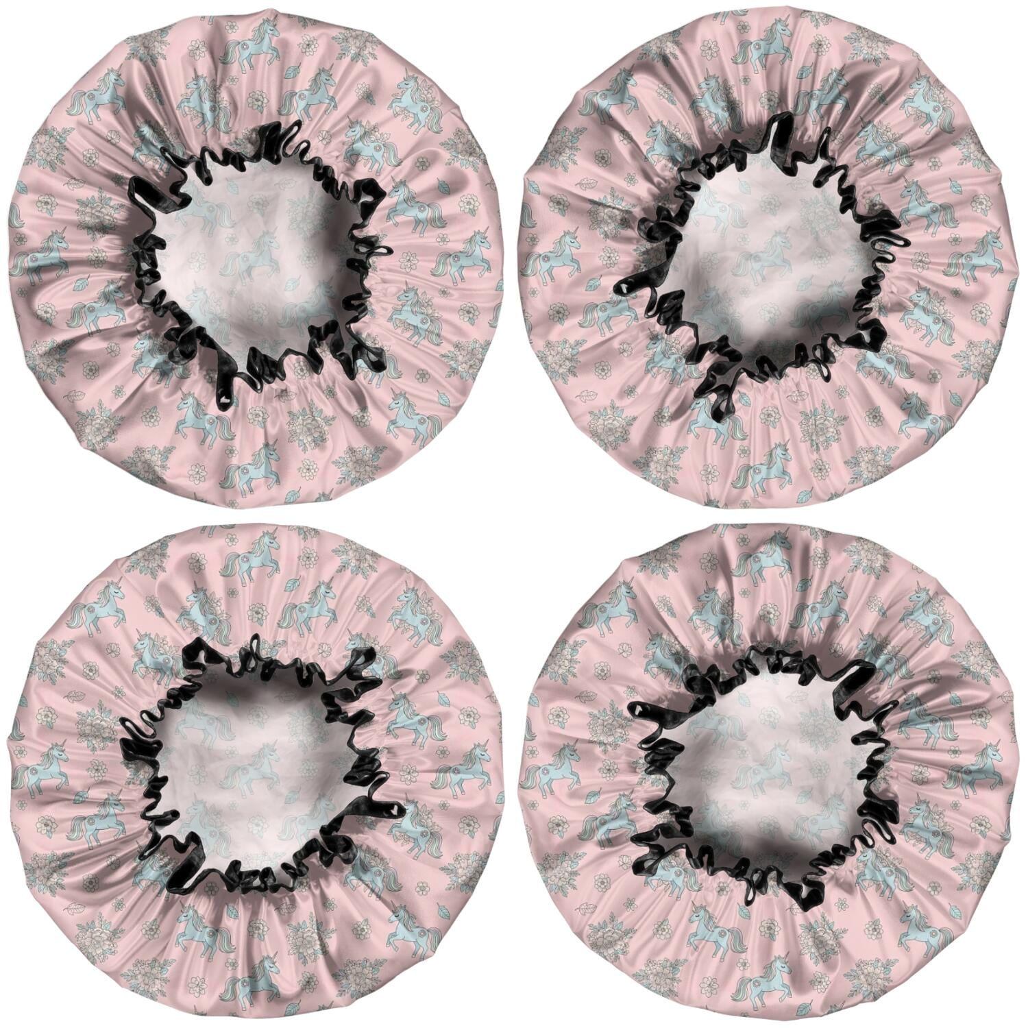 Shower Caps,Pink Cartoon Unicorn Flower Pattern Waterproof Shower Cap for Women 4 Pieces,Double Reusable Hair Cover for Shower PEVA Elastic Stretch Hem