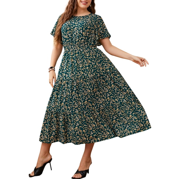 Vestido casual de manga corta con estampado floral y talla grande para mujer