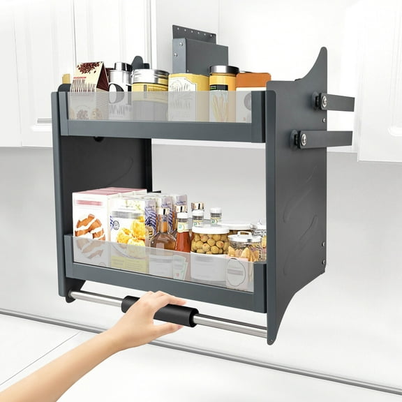 Pull-Out Sliding Cabinet Shelf 2-Tier Drop Down Adjustable Bearing Storage Basket Kitchen Rack