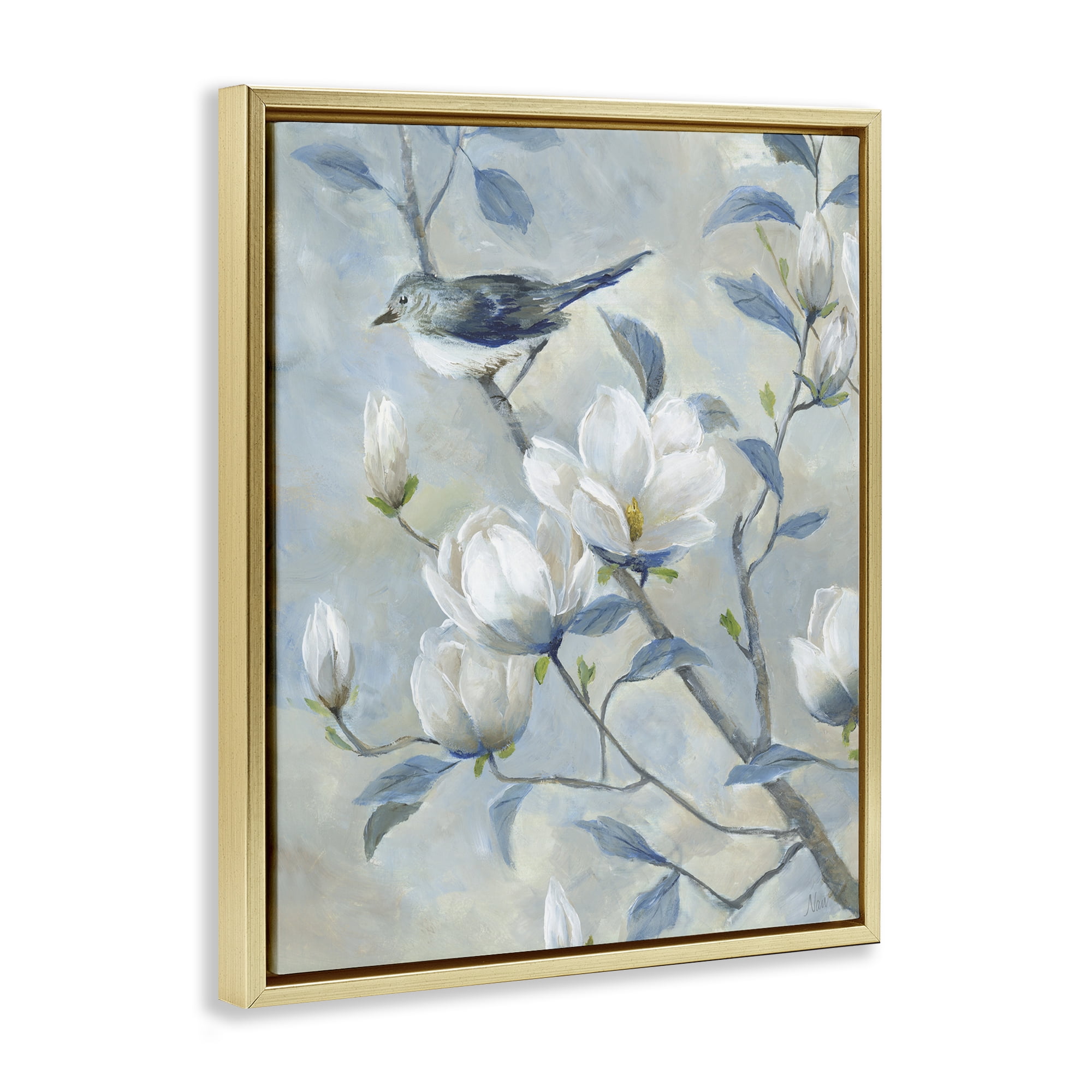 Stupell Industries Blue Bird in Magnolia Tree Gold Framed Floater Canvas Wall Art, design by Nan