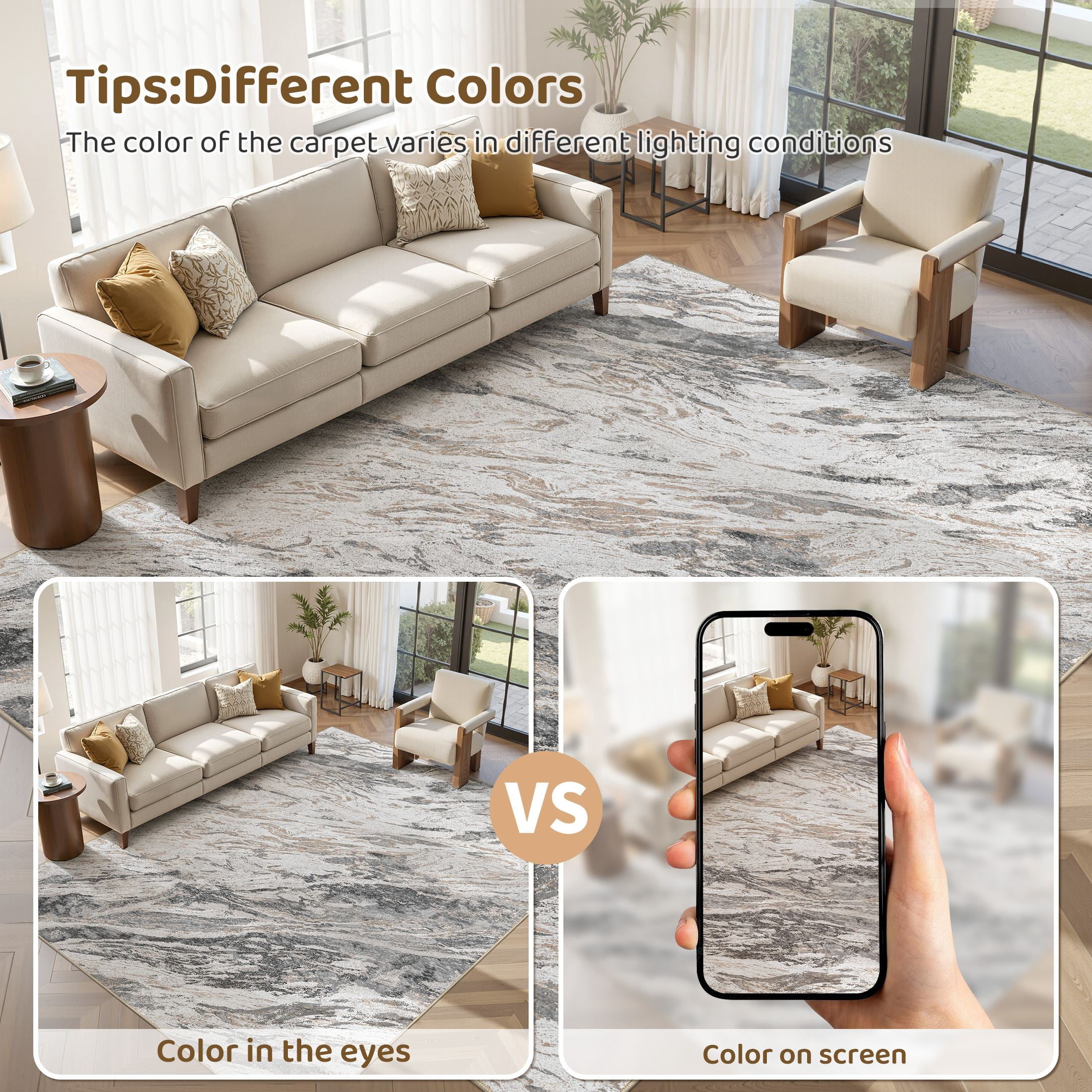 MICGEEK 5x7 Washable Area Rugs for Living Room, Modern Abstract Printed Rug, Vacuum-Friendly, Non Slip Indoor Rug for Bedroom Dining Room Home Decor Carpet, Gray/Brown