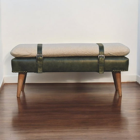 Bedroom Benches Bouclé Buffalo Hide Olive Green Leather Bench, Nordic Legs,,Wooden Bedroom Benches