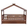 thumbnail image 3 of House Bed with Trundle, Solid Wood Twin Size Platform Bed with Roof and Safety Guardrails, Low Montessori Bed, Playhouse Bed Tent Bed for Boys Girls Children Bedroom, No Box Spring Needed, Walnut, 3 of 7