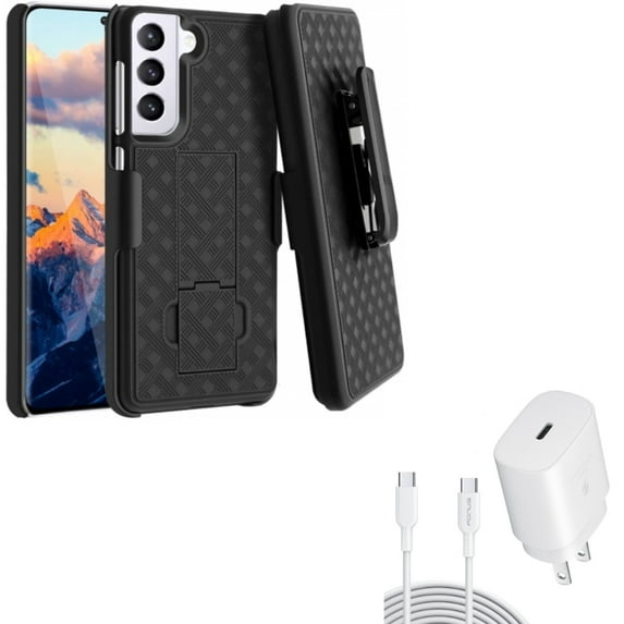 Case Belt Clip w 25W Fast Home Charger for Samsung Galaxy S21 - Holster Swivel Cover, PD Type-C 6ft USB-C Cable