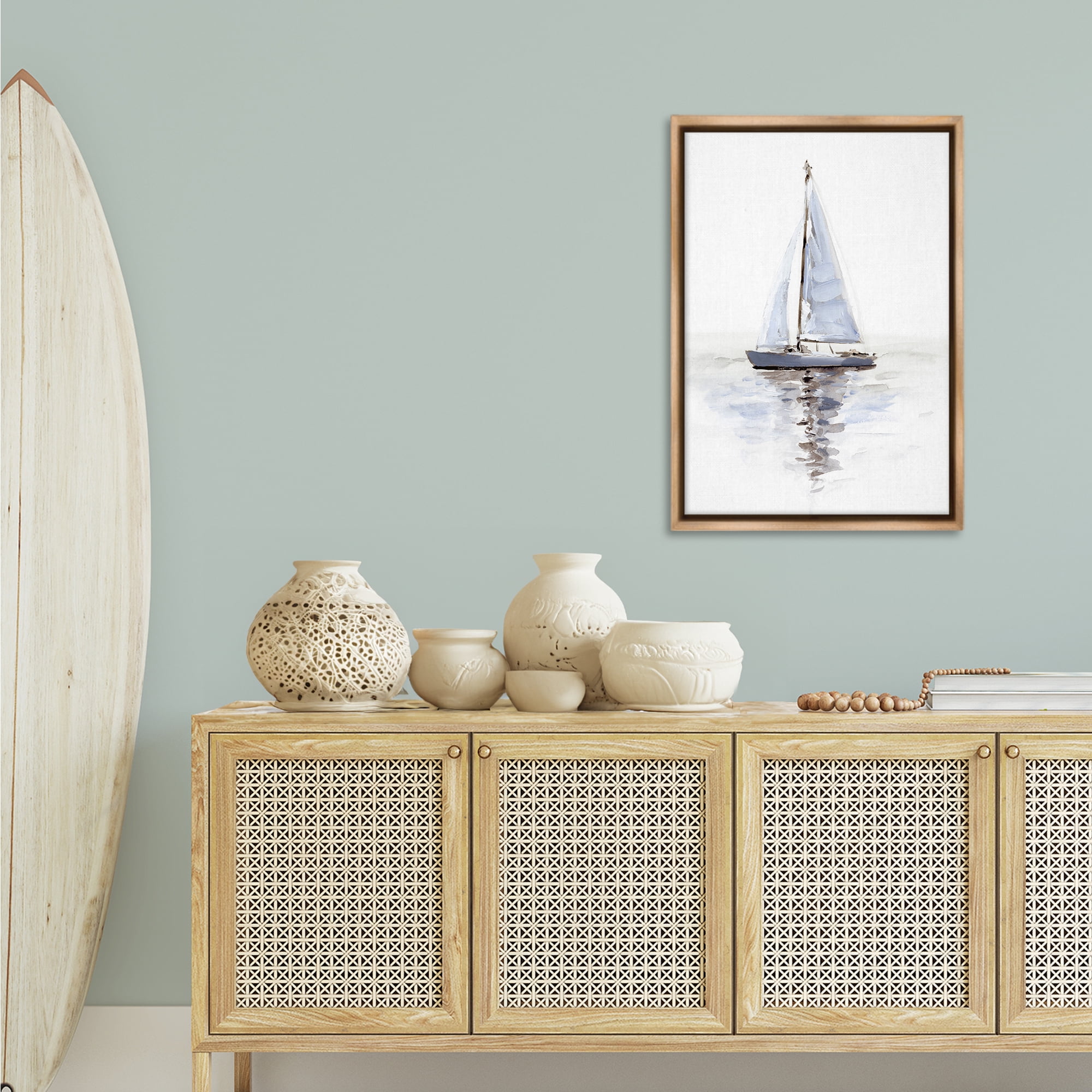 Stupell Industries Minimal Sailboat Reflection Transportation Painting Brown Floater Framed Canvas Art Print Wall Art, 21 x 31