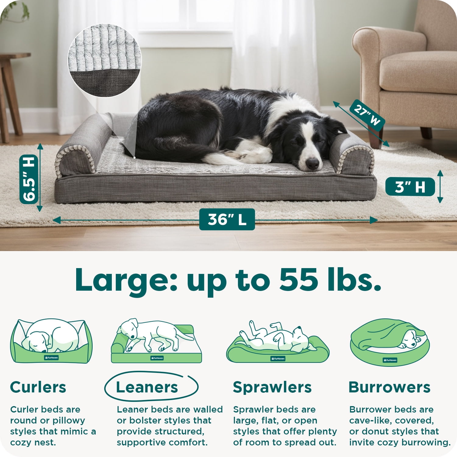 FurHaven Pet Products Luxe Fur & Performance Linen Orthopedic Sofa Pet Bed for Dogs & Cats - Charcoal, Large