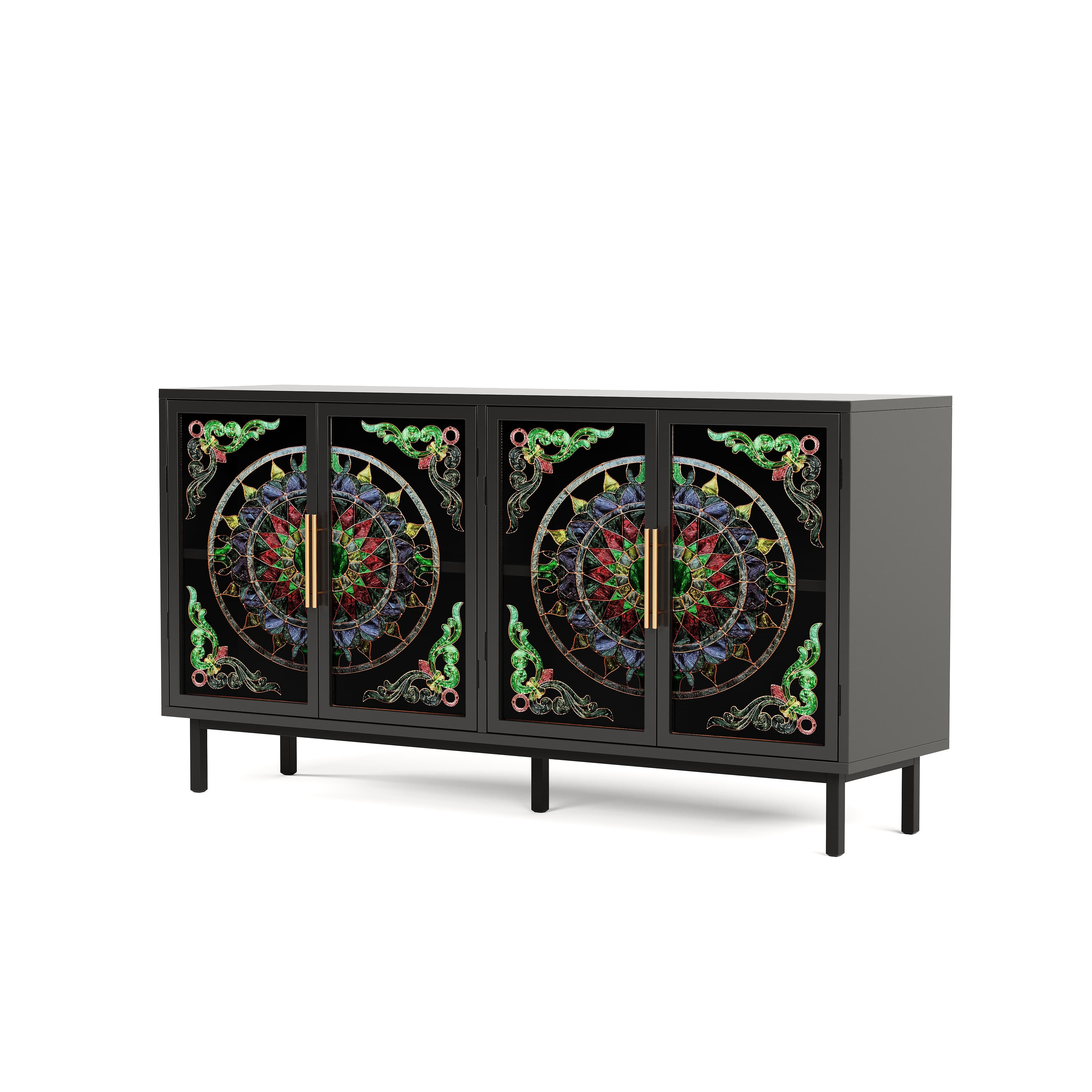 Aukfa Modern Accent Cabinet with Stained Glass Doors,Decorative Storage Sideboard for Living Room/Dining Room/Entryway,Black