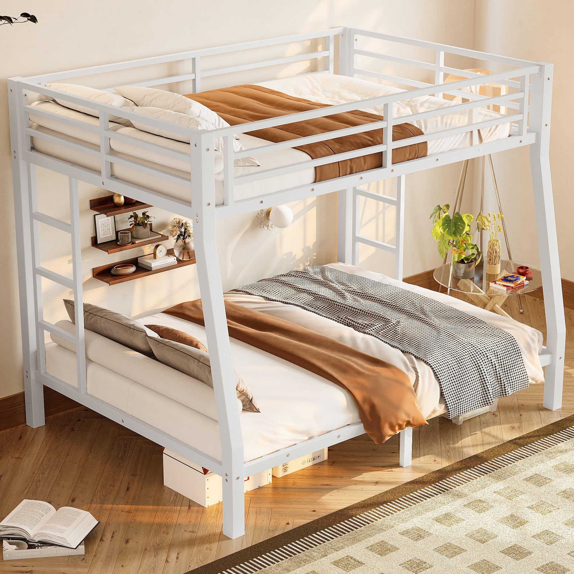 Mintazer Full XL Over Queen Metal Bunk Bed with 2 Side Ladders & Guardrails for Bedrooms Teens Adults, White